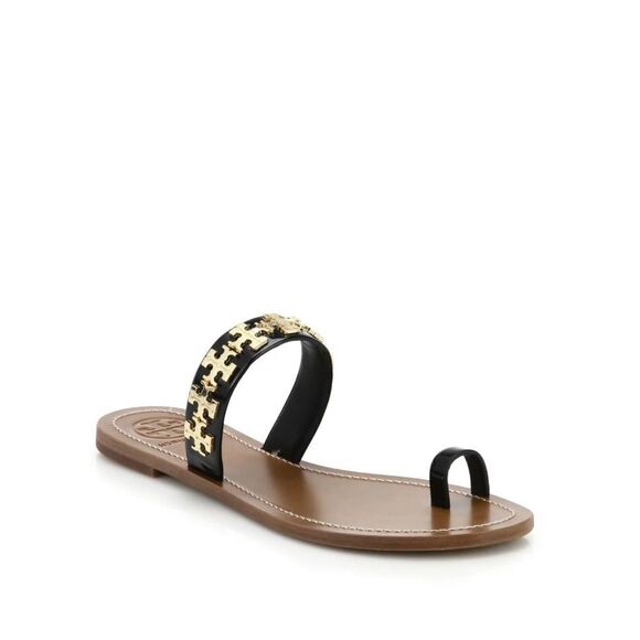 Tory Burch Val Black Patent Leather and Gold Sandals, Size 6 - Picture 1 of 9